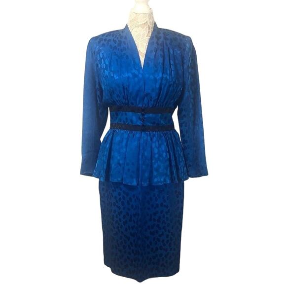 Vintage Silk Studio Blue & Black polkadot fitted waist top & skirt size 12 - Picture 4 of 12